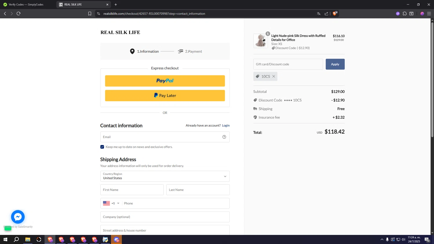 RealSilk Life promo code screenshot showing code 10CS applied at RealSilk Life checkout page. Uploaded by SimplyCodes community member HUMANIZER on Jul 24, 2025