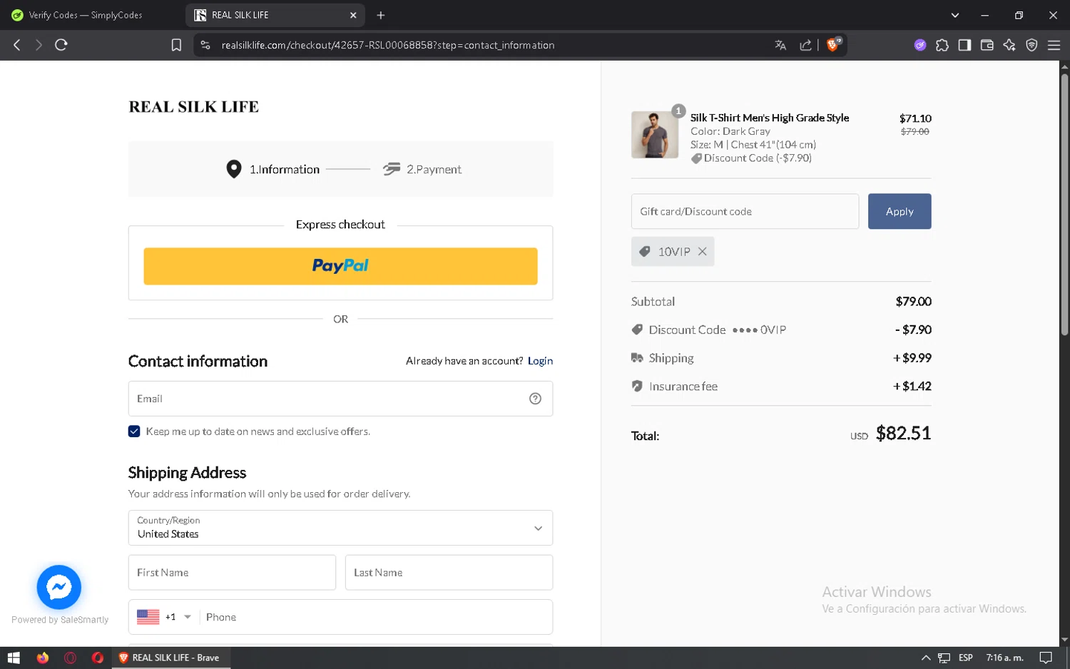 RealSilk Life promo code screenshot showing code 10VIP applied at RealSilk Life checkout page. Uploaded by SimplyCodes community member mixelis on Jun 16, 2025