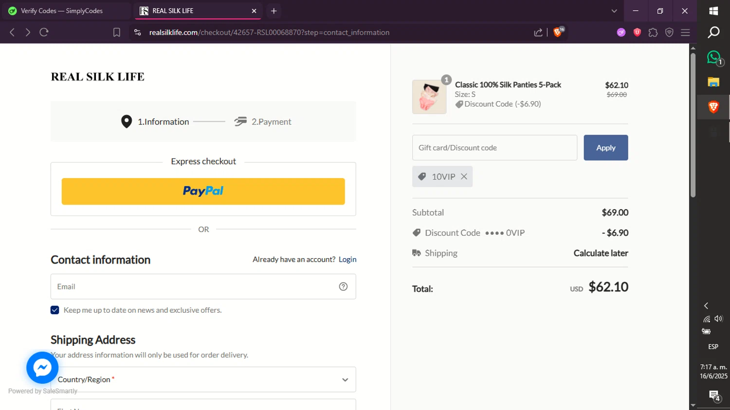 RealSilk Life promo code screenshot showing code 10VIP applied at RealSilk Life checkout page. Uploaded by SimplyCodes community member xXdevoragoticas69Xx on Jun 16, 2025