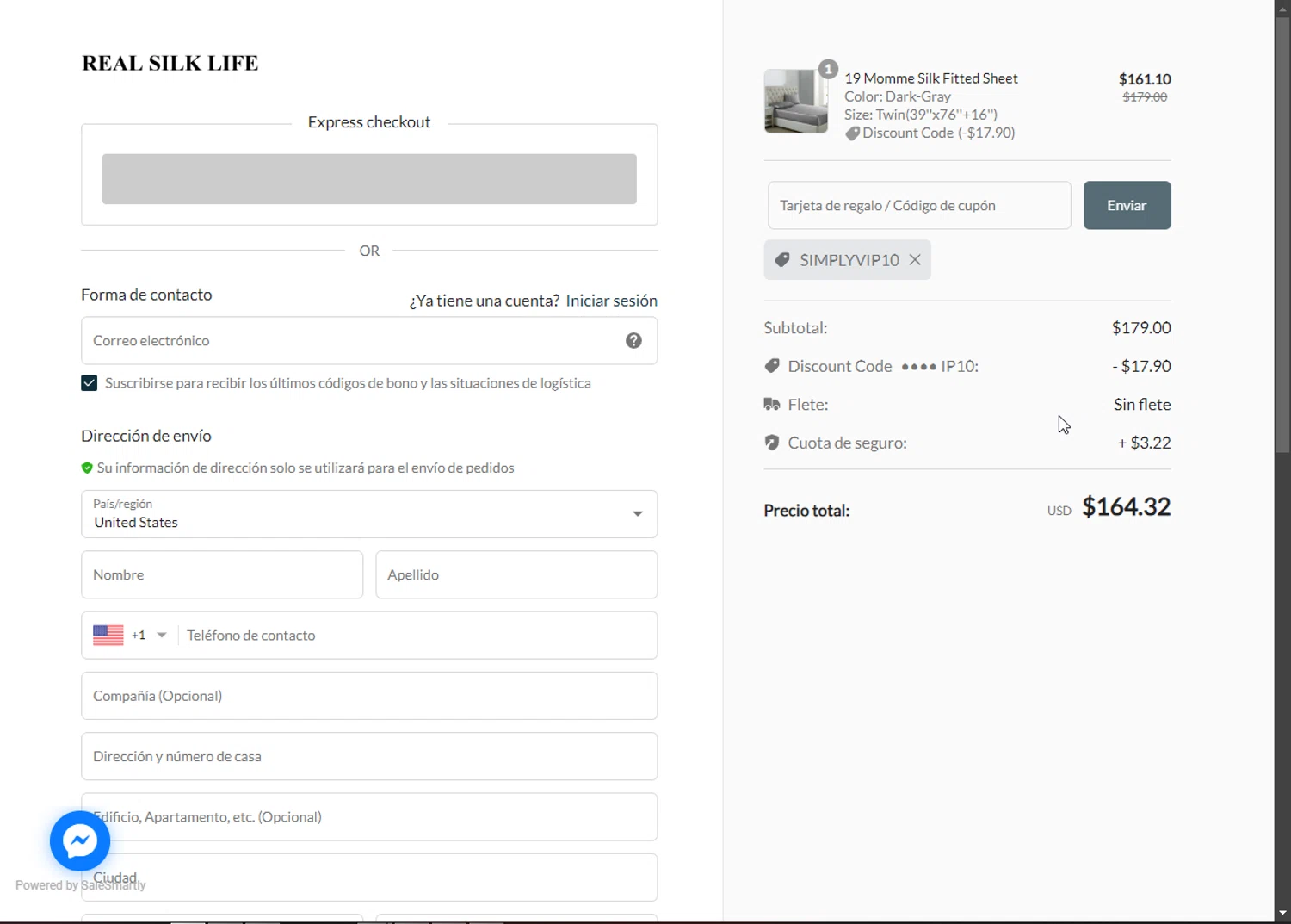 RealSilk Life promo code screenshot showing code SIMPLYVIP10 applied at RealSilk Life checkout page. Uploaded by SimplyCodes community member Heibk201 on Jan 13, 2025