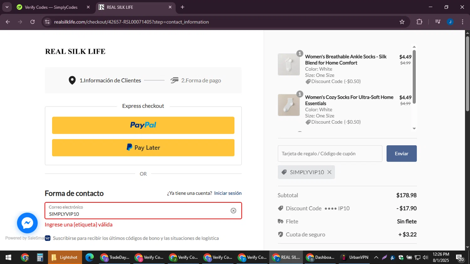 RealSilk Life promo code screenshot showing code SIMPLYVIP10 applied at RealSilk Life checkout page. Uploaded by SimplyCodes community member noesmith34ur on Aug 1, 2025