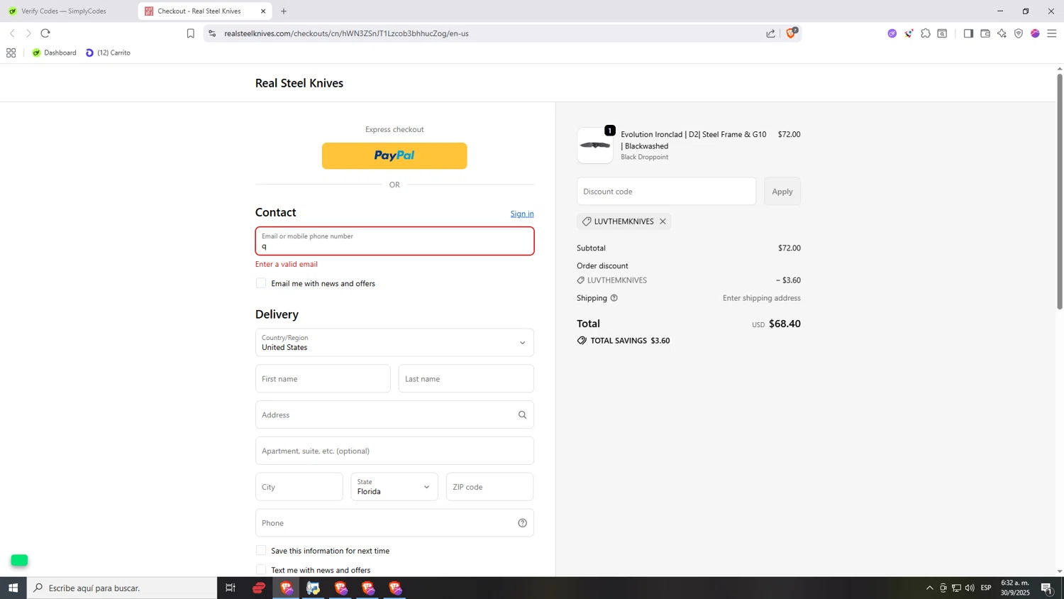 Real Steel Knives promo code screenshot showing code LUVTHEMKNIVES applied at Real Steel Knives checkout page. Uploaded by SimplyCodes community member Nezukooo on Sep 30, 2025