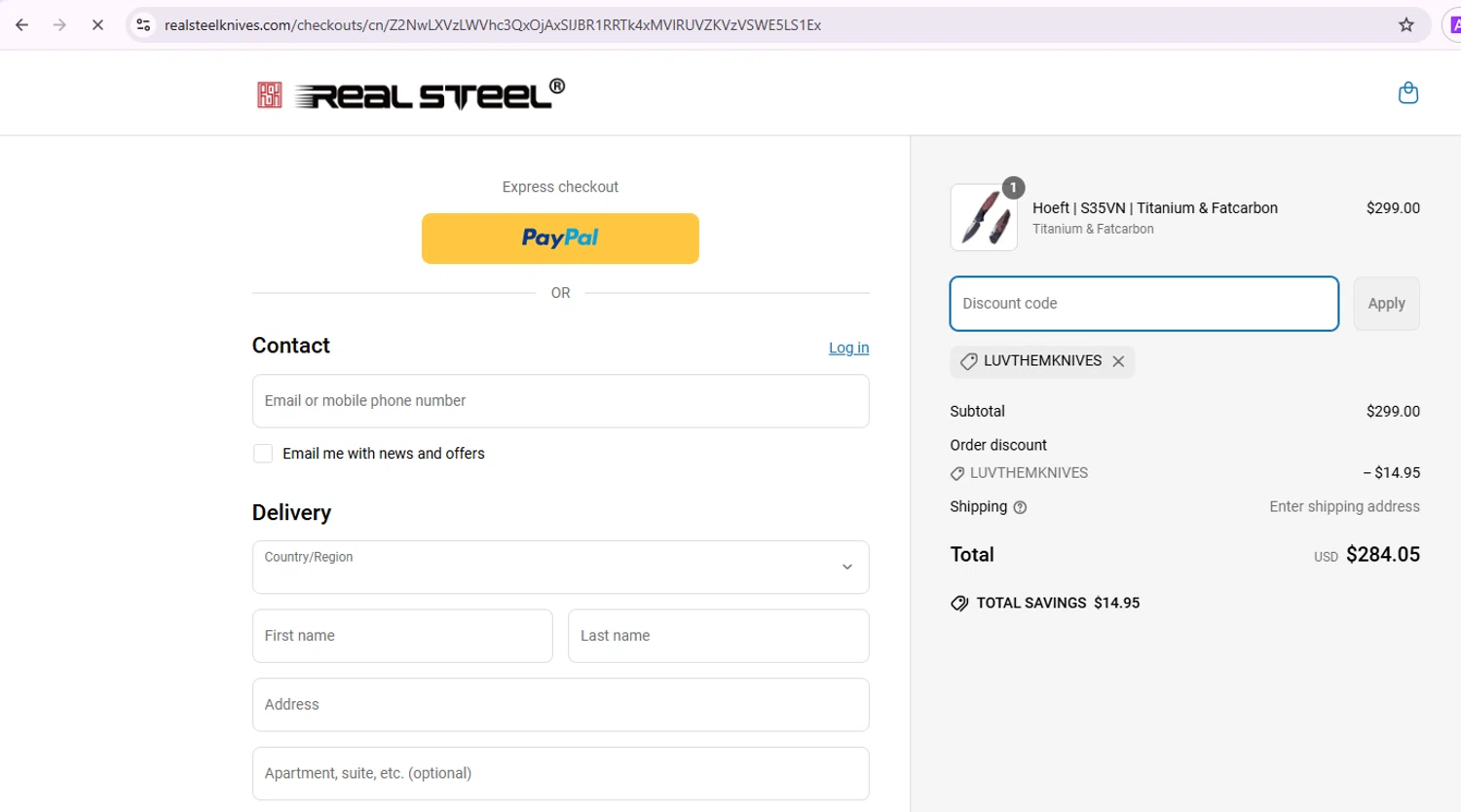 Real Steel Knives promo code screenshot showing code LUVTHEMKNIVES applied at Real Steel Knives checkout page. Uploaded by SimplyCodes community member Samu10 on Apr 8, 2025