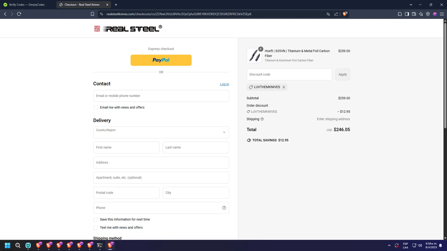 Real Steel Knives promo code screenshot showing code LUVTHEMKNIVES applied at Real Steel Knives checkout page. Uploaded by SimplyCodes community member diosgreed2030 on Apr 8, 2025