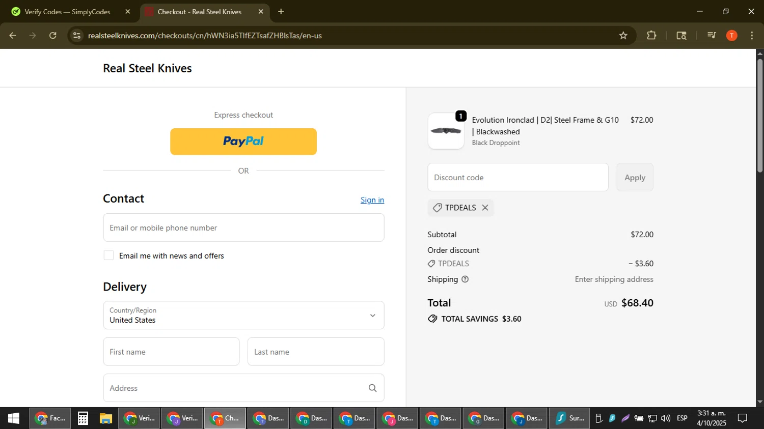 Real Steel Knives promo code screenshot showing code TPDEALS applied at Real Steel Knives checkout page. Uploaded by SimplyCodes community member ShrewdAce8338 on Oct 4, 2025