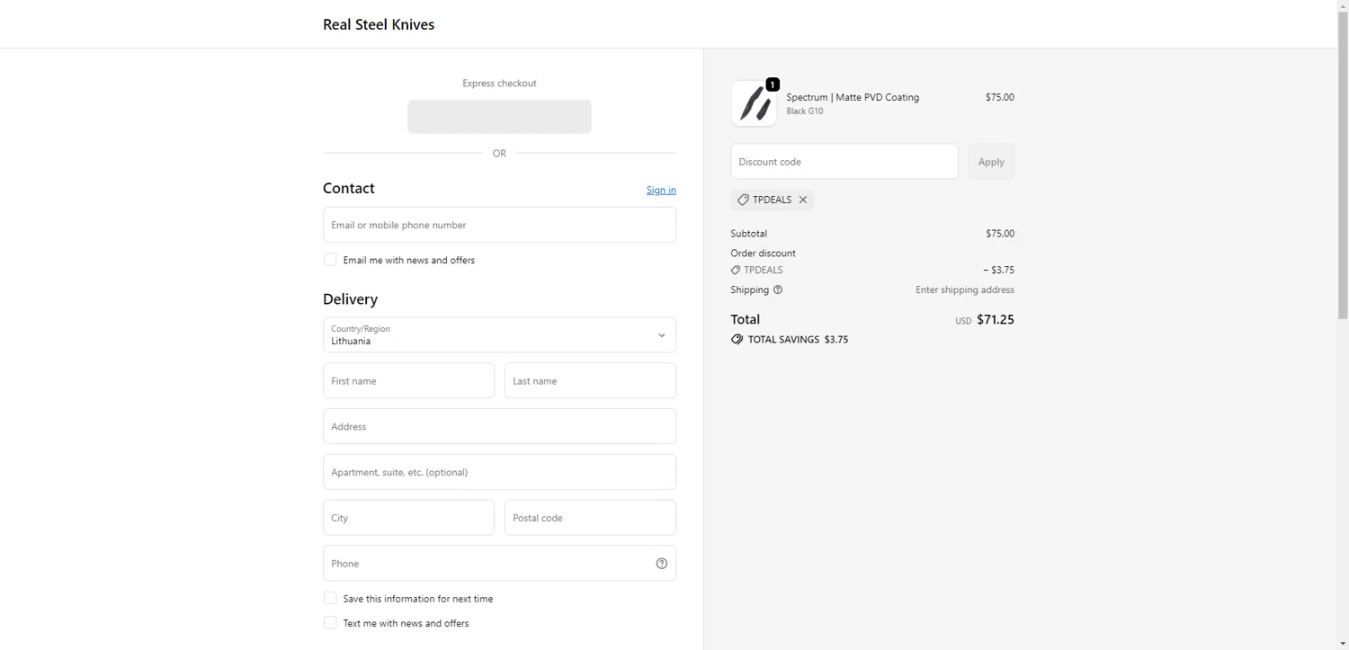 Real Steel Knives promo code screenshot showing code TPDEALS applied at Real Steel Knives checkout page. Uploaded by SimplyCodes community member TreasureKnight4134 on Oct 12, 2025