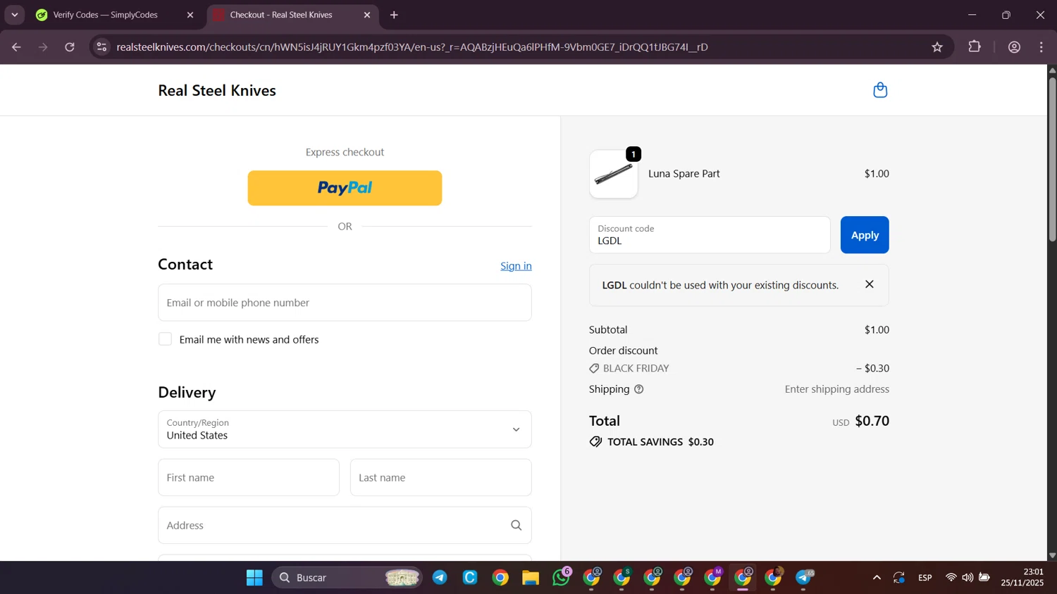 Real Steel Knives promo code screenshot showing code LGDL applied at Real Steel Knives checkout page. Uploaded by SimplyCodes community member SilverWhiz4145 on Nov 26, 2025