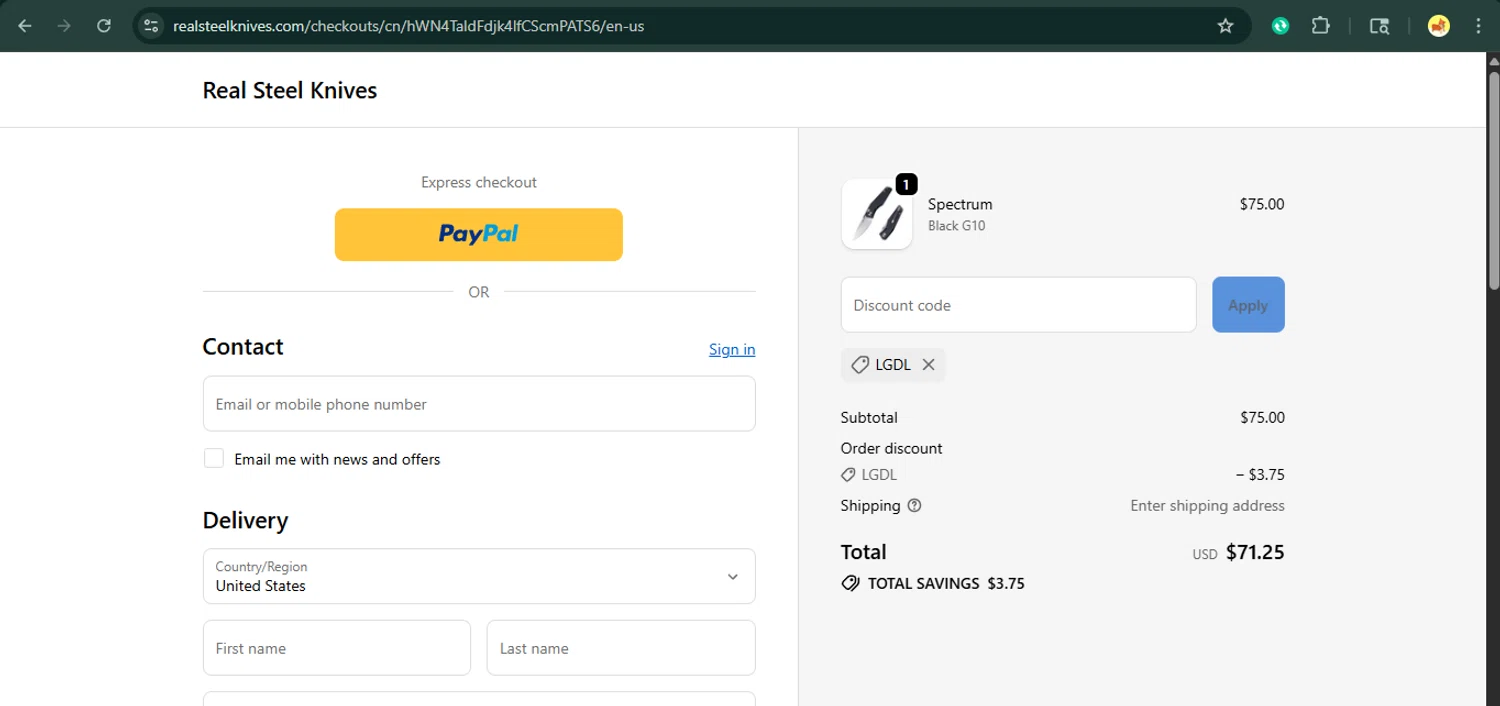 Real Steel Knives promo code screenshot showing code LGDL applied at Real Steel Knives checkout page. Uploaded by SimplyCodes community member giselmarstephanny on Oct 24, 2025