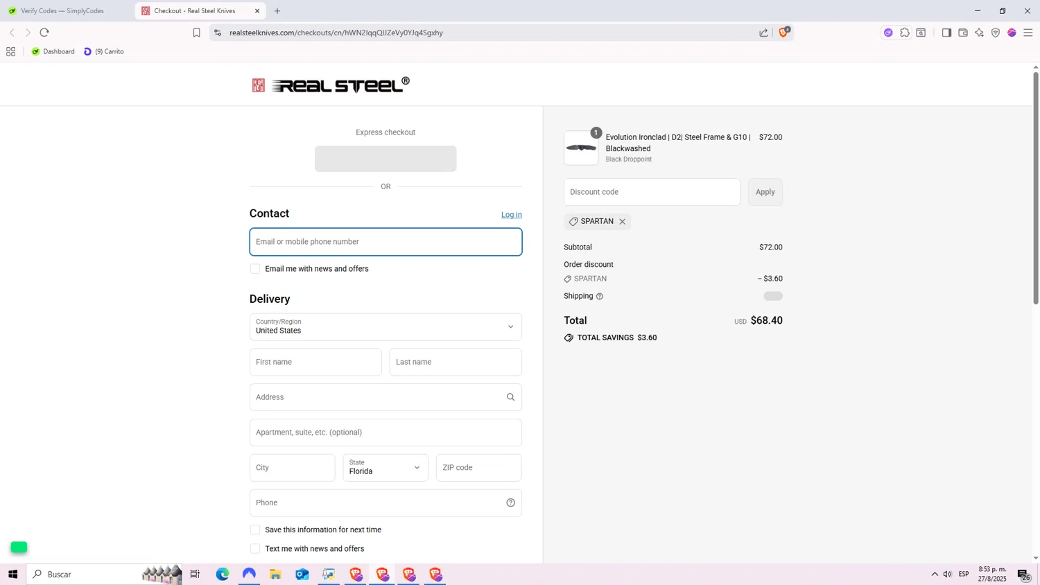 Real Steel Knives promo code screenshot showing code SPARTAN applied at Real Steel Knives checkout page. Uploaded by SimplyCodes community member Nezukooo on Aug 28, 2025