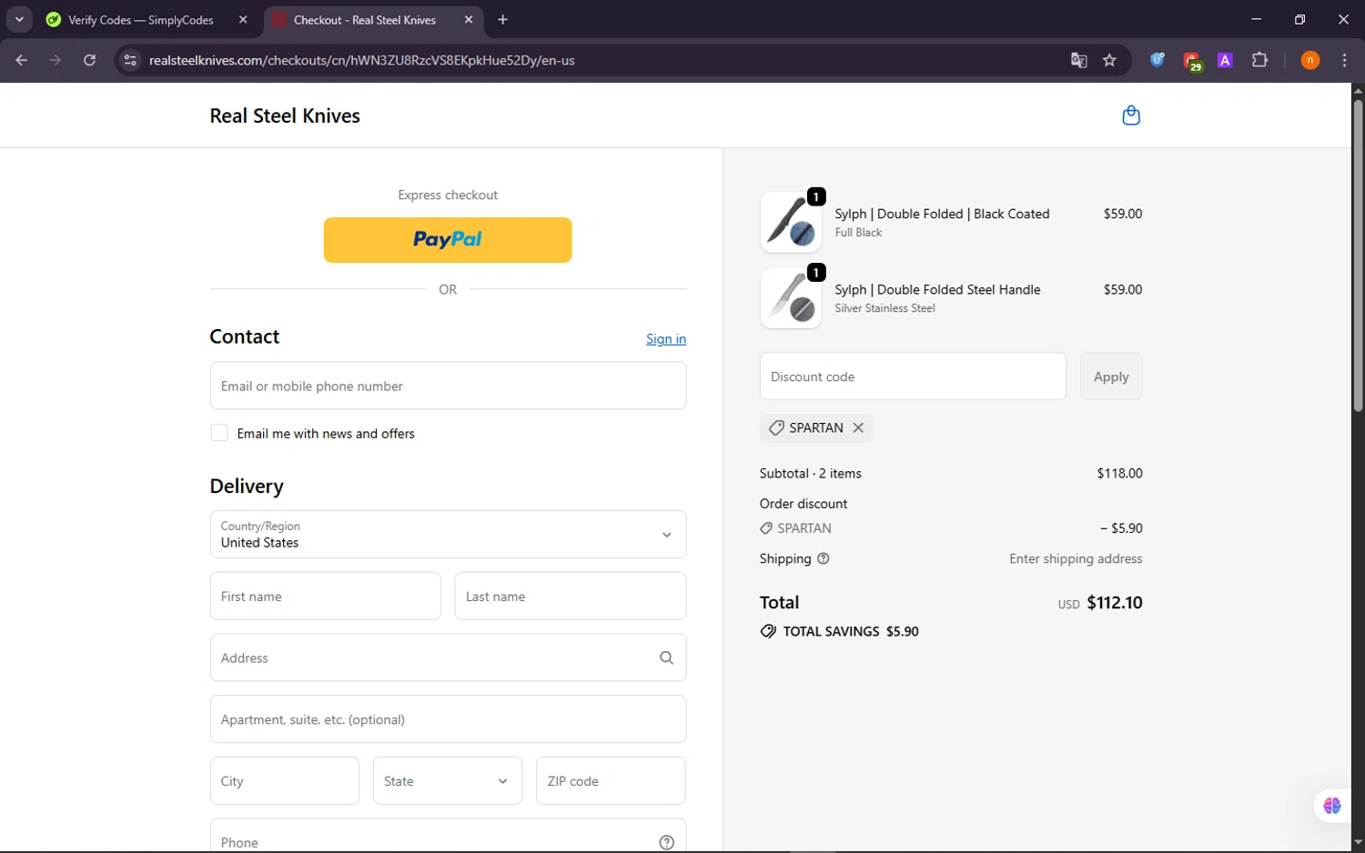 Real Steel Knives promo code screenshot showing code SPARTAN applied at Real Steel Knives checkout page. Uploaded by SimplyCodes community member NobleScholar188 on Sep 30, 2025