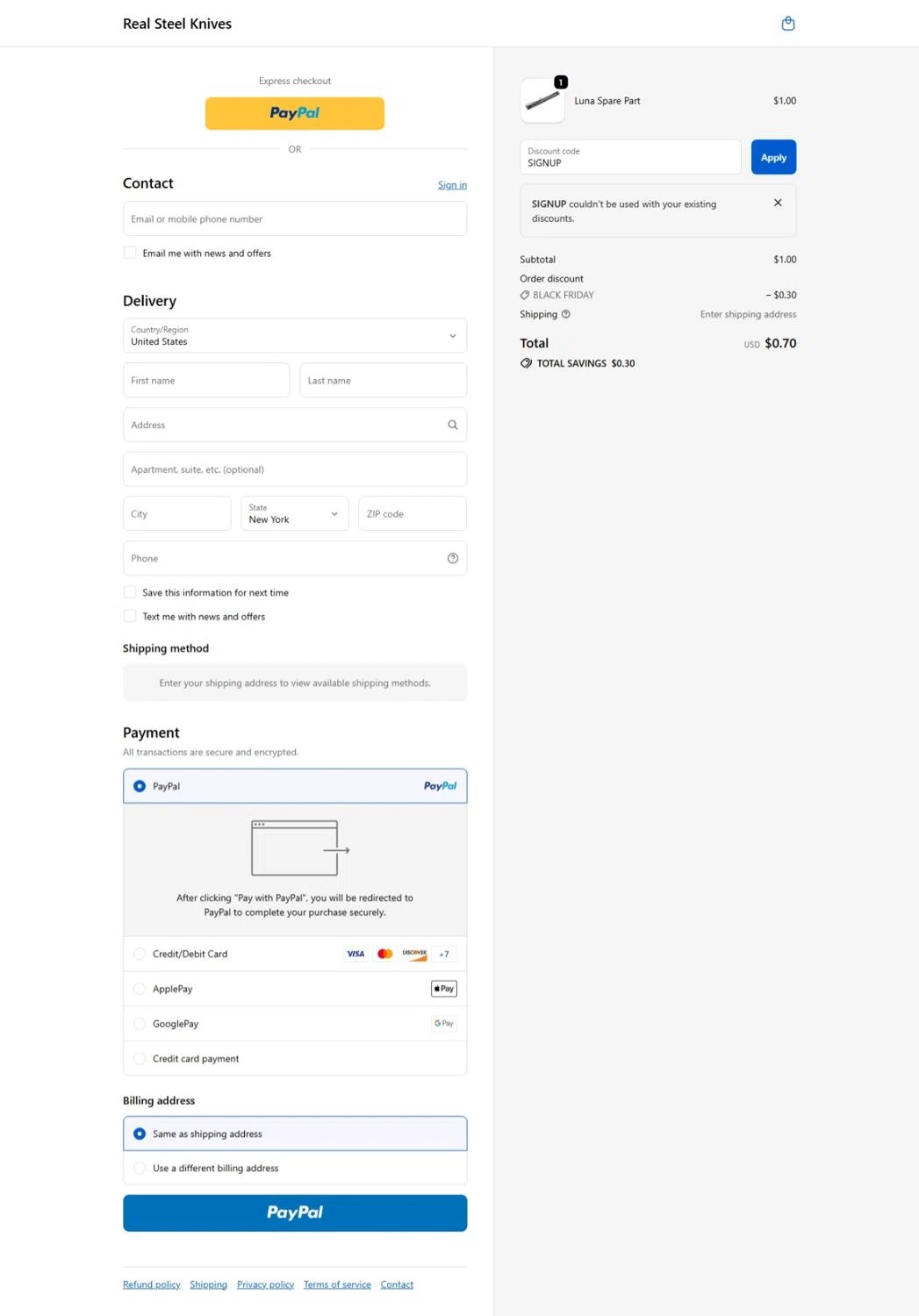 Real Steel Knives promo code screenshot showing code SIGNUP applied at Real Steel Knives checkout page. Uploaded by SimplyCodes community member Maylinlr on Nov 22, 2025