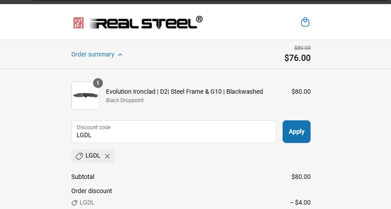 Real Steel Knives promo code screenshot showing code LGDL applied at Real Steel Knives checkout page. Uploaded by SimplyCodes community member ashe1986 on Jul 15, 2025