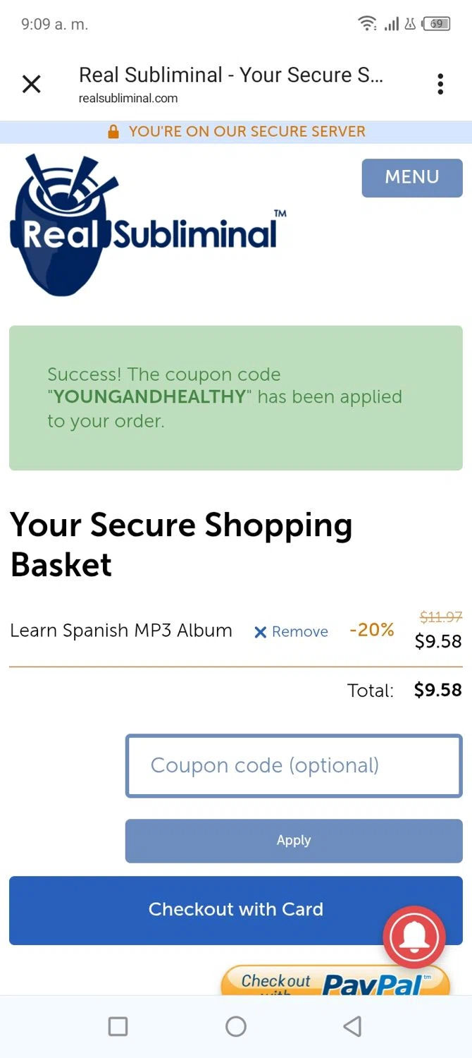 Real Subliminal promo code screenshot showing code YOUNGANDHEALTHY applied at Real Subliminal checkout page. Uploaded by SimplyCodes community member tumiedo on Jan 8, 2026