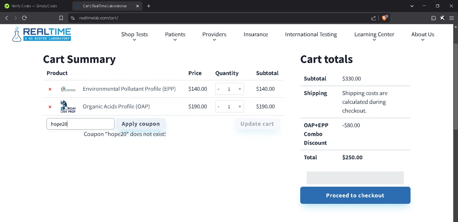 RealTime Laboratories promo code screenshot showing code hope20 applied at RealTime Laboratories checkout page. Uploaded by SimplyCodes community member MadaraUchiha07 on Mar 18, 2025