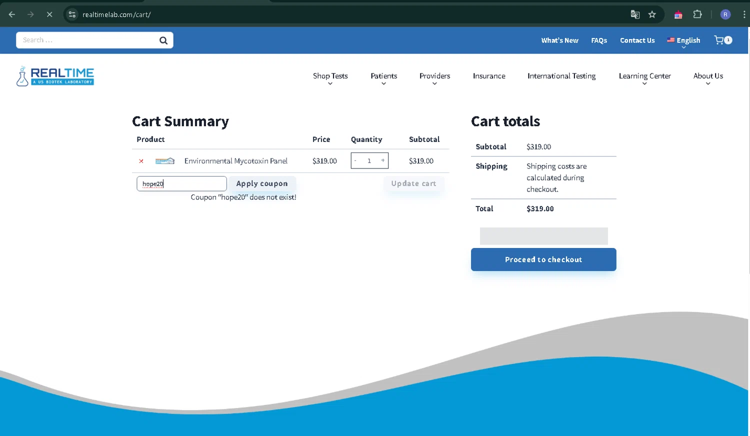 RealTime Laboratories promo code screenshot showing code hope20 applied at RealTime Laboratories checkout page. Uploaded by SimplyCodes community member CoinPilot9113 on Mar 24, 2025