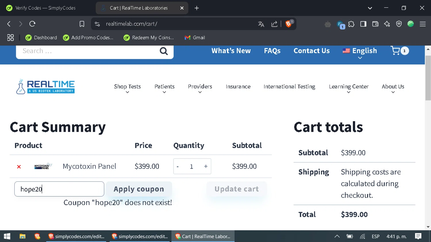 RealTime Laboratories promo code screenshot showing code hope20 applied at RealTime Laboratories checkout page. Uploaded by SimplyCodes community member SaleAdmiral9379 on Mar 10, 2025
