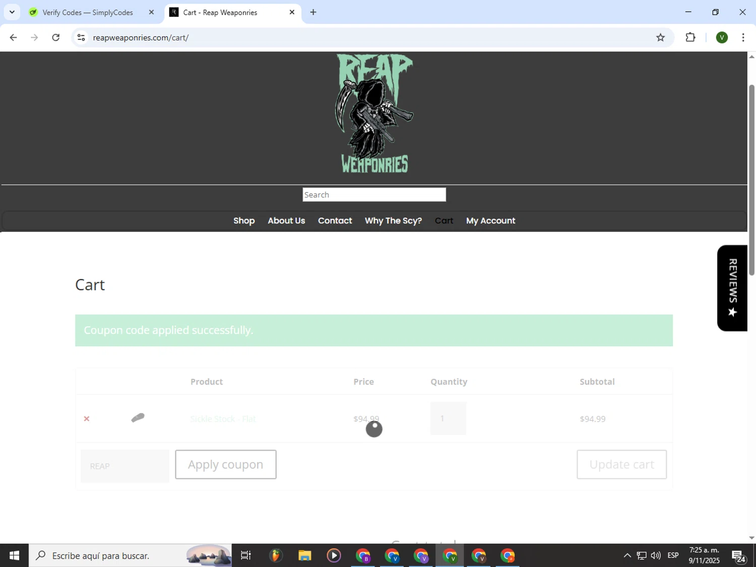 Reap Weaponries promo code screenshot showing code REAP applied at Reap Weaponries checkout page. Uploaded by SimplyCodes community member PrimeWizard4168 on Nov 9, 2025