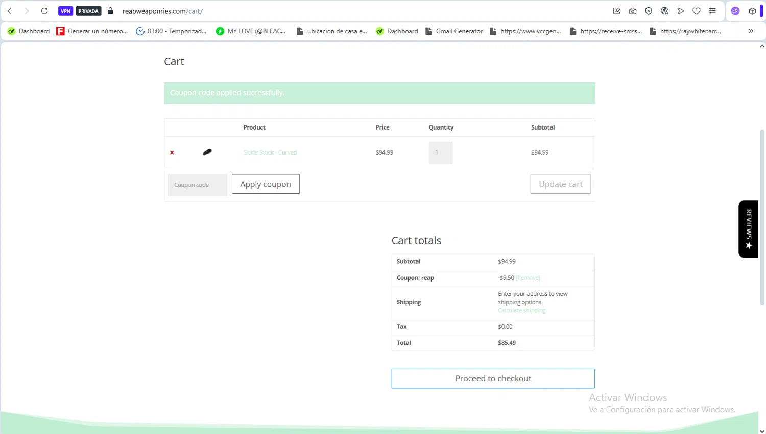 Reap Weaponries promo code screenshot showing code REAP applied at Reap Weaponries checkout page. Uploaded by SimplyCodes community member luissilva2 on Dec 8, 2025