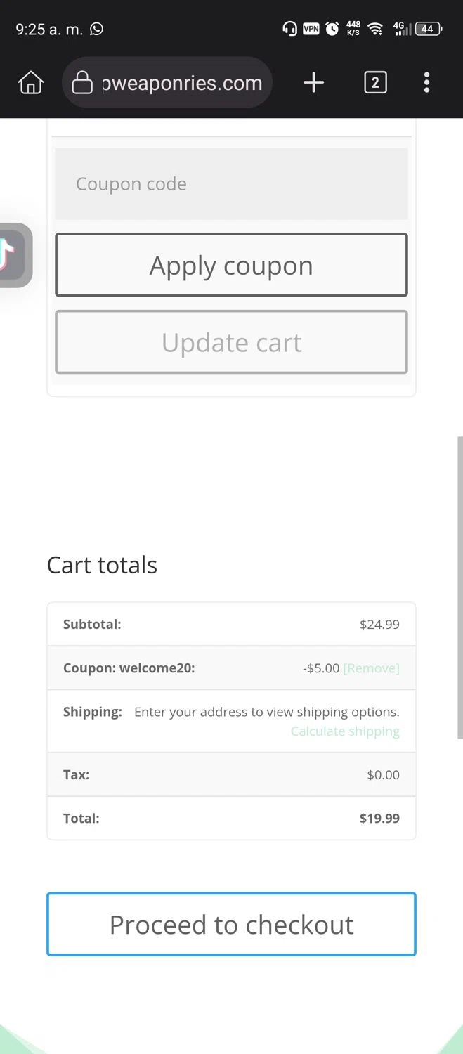 Reap Weaponries promo code screenshot showing code WELCOME20 applied at Reap Weaponries checkout page. Uploaded by SimplyCodes community member Diego_Soto on Jan 3, 2026
