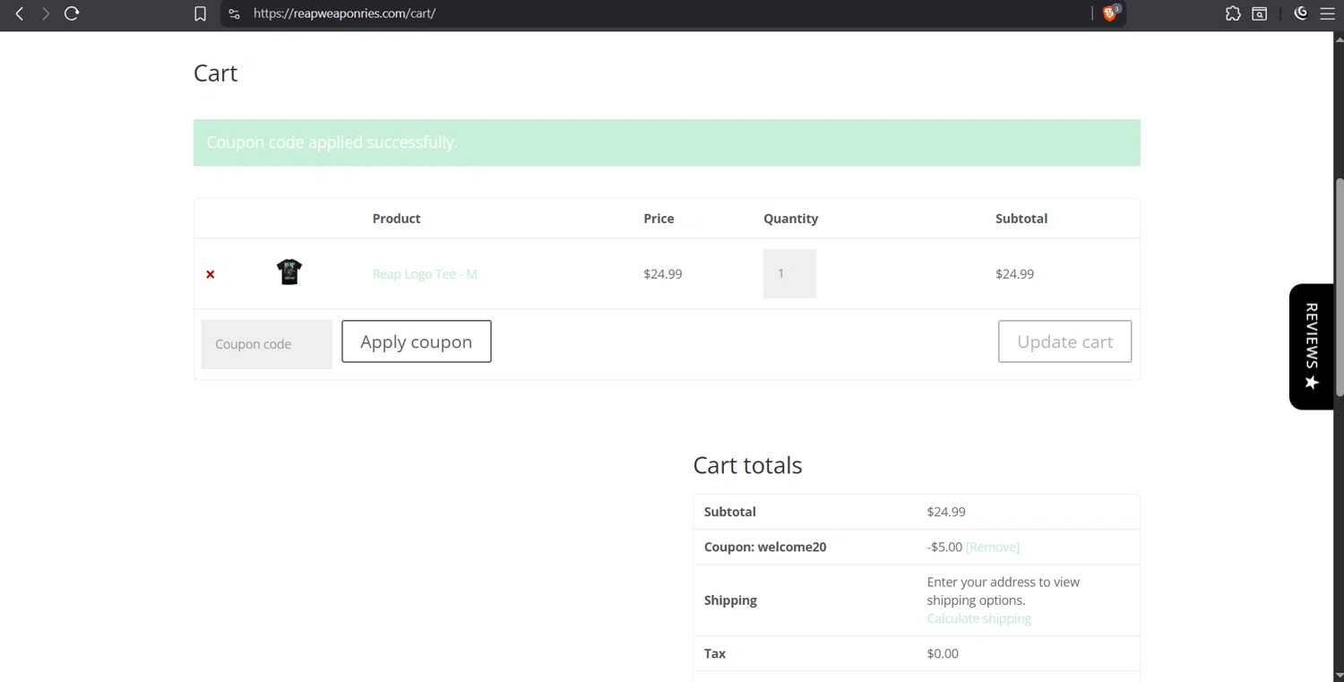 Reap Weaponries promo code screenshot showing code WELCOME20 applied at Reap Weaponries checkout page. Uploaded by SimplyCodes community member juanvargas1 on Oct 8, 2025