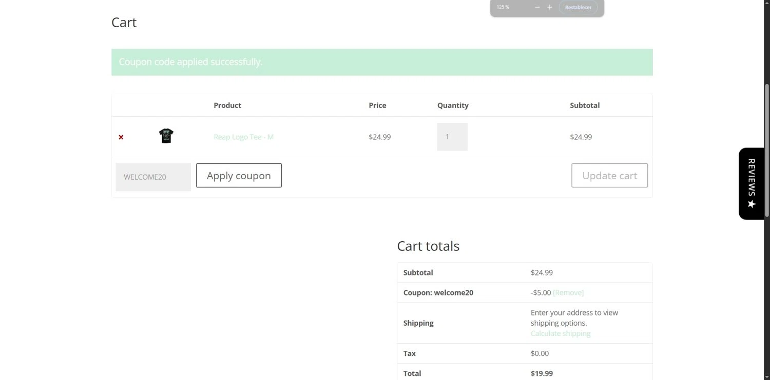 Reap Weaponries promo code screenshot showing code WELCOME20 applied at Reap Weaponries checkout page. Uploaded by SimplyCodes community member Depressive on Oct 8, 2025