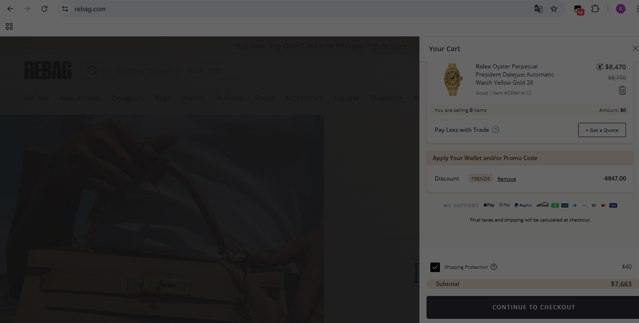 Rebag checkout page showing Rebag promo code box | Screenshot taken by SimplyCodes community member on Aug 5, 2025