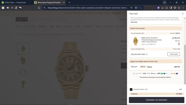 Rebag checkout page showing Rebag promo code box | Screenshot taken by SimplyCodes community member on Jul 30, 2025