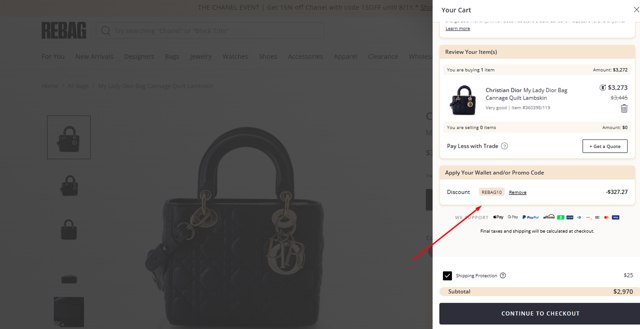 Rebag checkout page showing Rebag promo code box | Screenshot taken by SimplyCodes community member on Aug 10, 2025