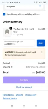 ANGELES15 coupon verification screenshot