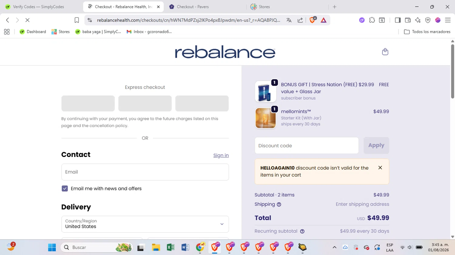 Rebalance Health checkout page showing Rebalance Health promo code box | Screenshot taken by SimplyCodes community member on Jan 8, 2026
