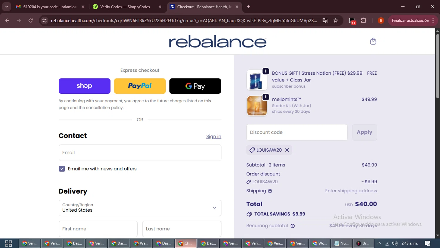 Rebalance Health promo code screenshot showing code LOUISAW20 applied at Rebalance Health checkout page. Uploaded by SimplyCodes community member DiscountExpert6435 on Dec 6, 2025