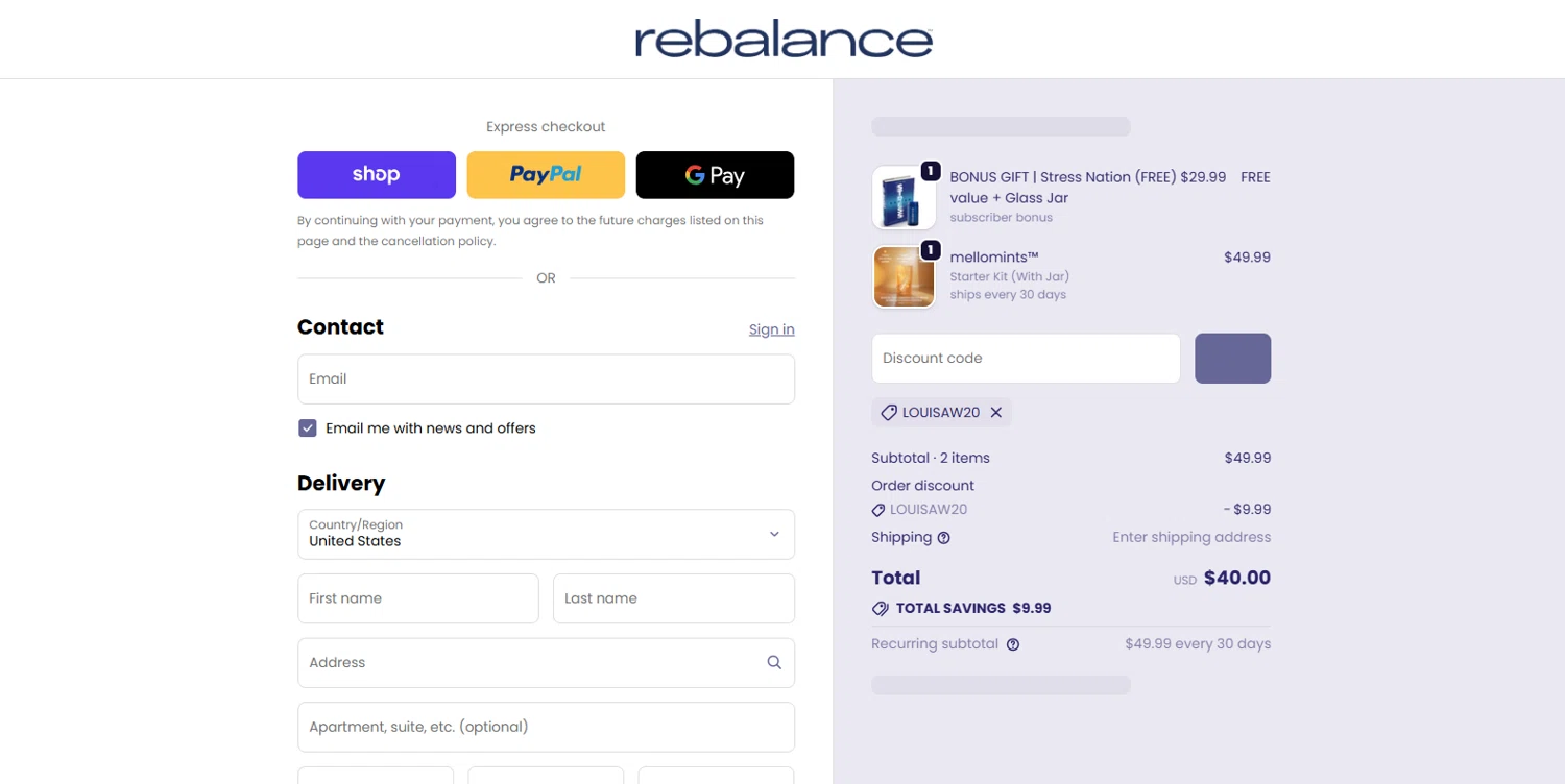 Rebalance Health promo code screenshot showing code LOUISAW20 applied at Rebalance Health checkout page. Uploaded by SimplyCodes community member Marboroooooooooooo on Oct 19, 2025