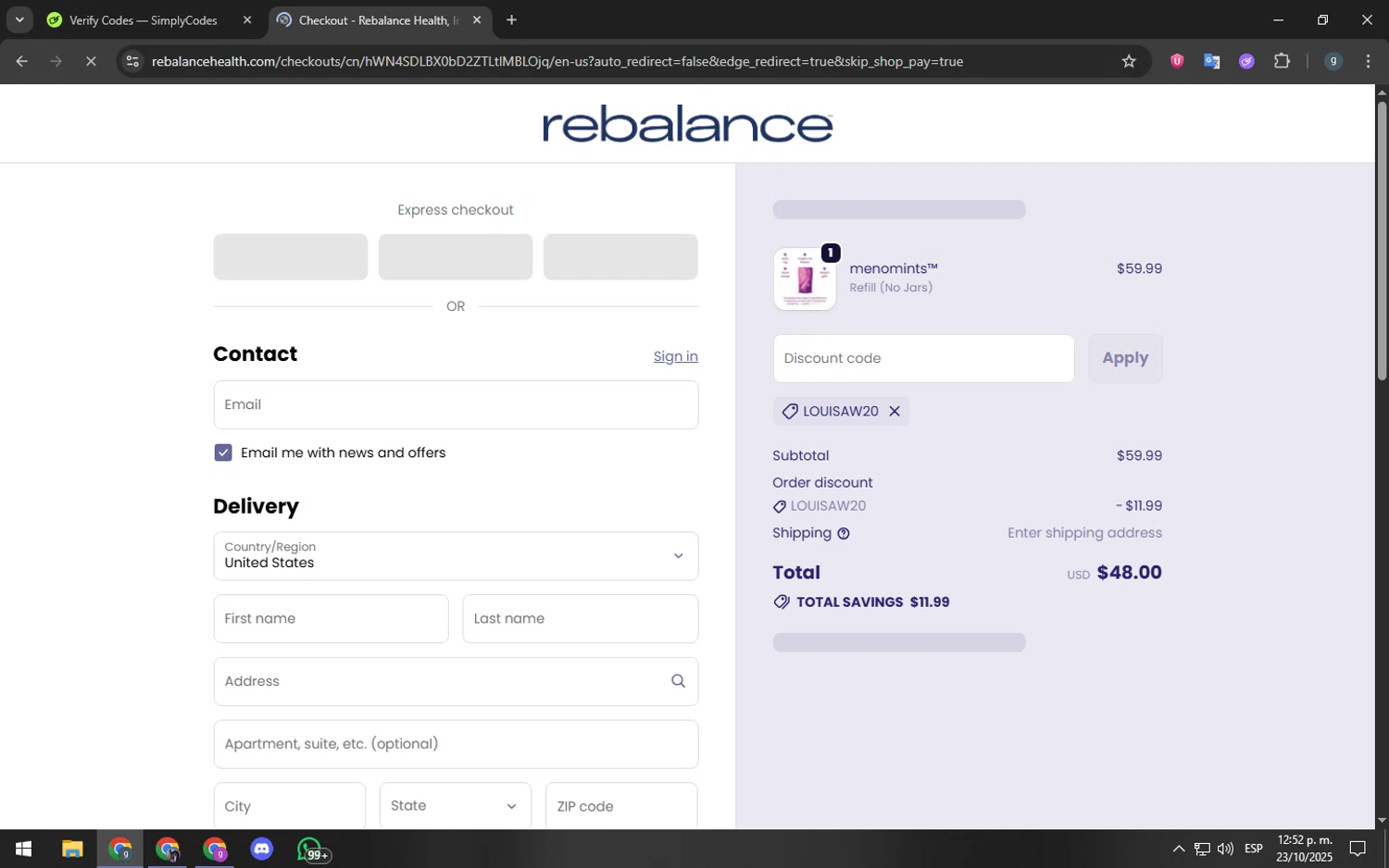Rebalance Health promo code screenshot showing code LOUISAW20 applied at Rebalance Health checkout page. Uploaded by SimplyCodes community member youngchecker2 on Oct 23, 2025