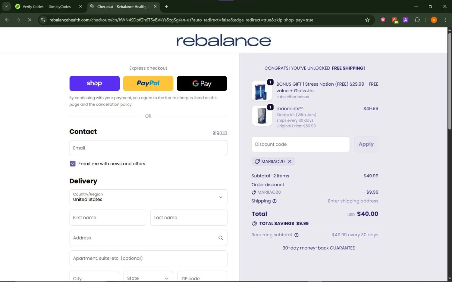 Rebalance Health promo code screenshot showing code MARIIAO20 applied at Rebalance Health checkout page. Uploaded by SimplyCodes community member ShrewdCaptain9911 on Oct 23, 2025