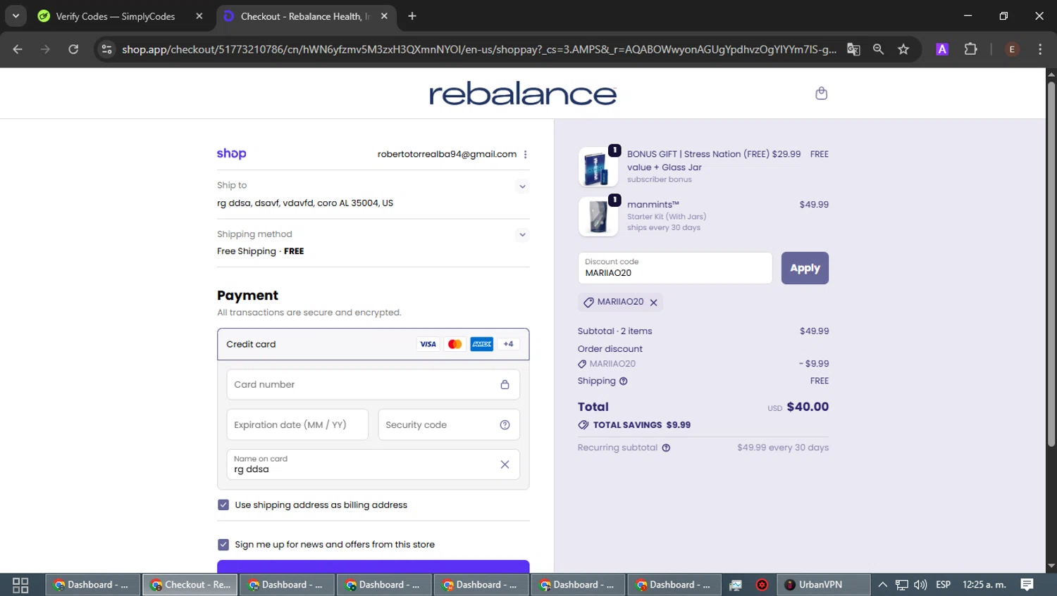 Rebalance Health promo code screenshot showing code MARIIAO20 applied at Rebalance Health checkout page. Uploaded by SimplyCodes community member WonderPilot3689 on Dec 29, 2025