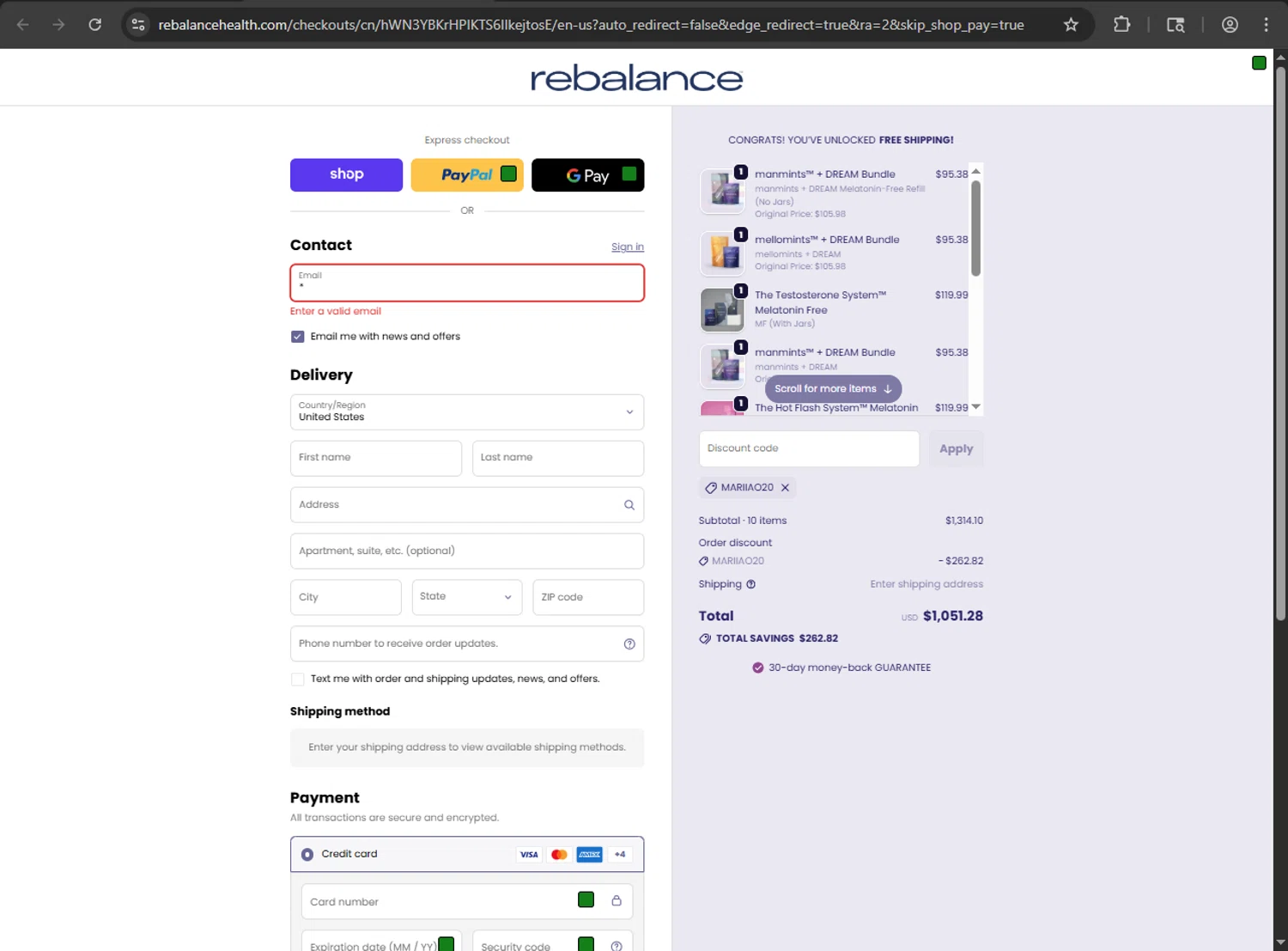 Rebalance Health promo code screenshot showing code MARIIAO20 applied at Rebalance Health checkout page. Uploaded by SimplyCodes community member artritis on Sep 29, 2025