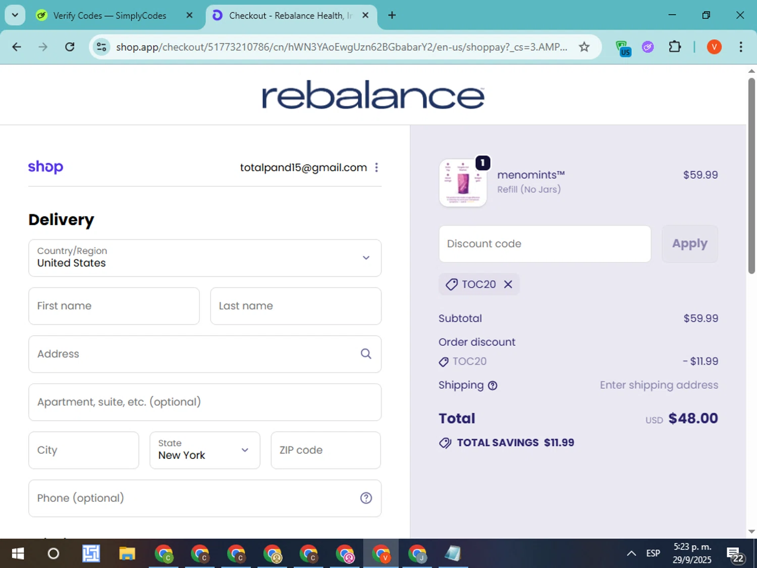 Rebalance Health promo code screenshot showing code TOC20 applied at Rebalance Health checkout page. Uploaded by SimplyCodes community member CodeMonarch8148 on Sep 29, 2025