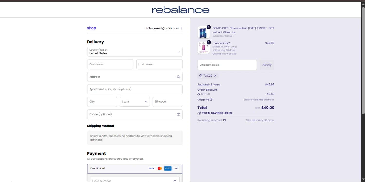 Rebalance Health promo code screenshot showing code TOC20 applied at Rebalance Health checkout page. Uploaded by SimplyCodes community member Xiooh29 on Oct 11, 2025