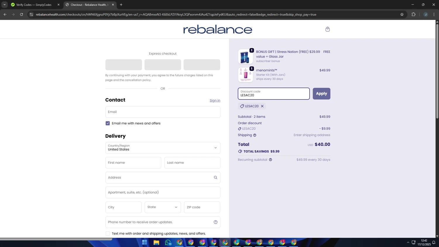 Rebalance Health promo code screenshot showing code LESAC20 applied at Rebalance Health checkout page. Uploaded by SimplyCodes community member AVATIGRITO on Dec 17, 2025
