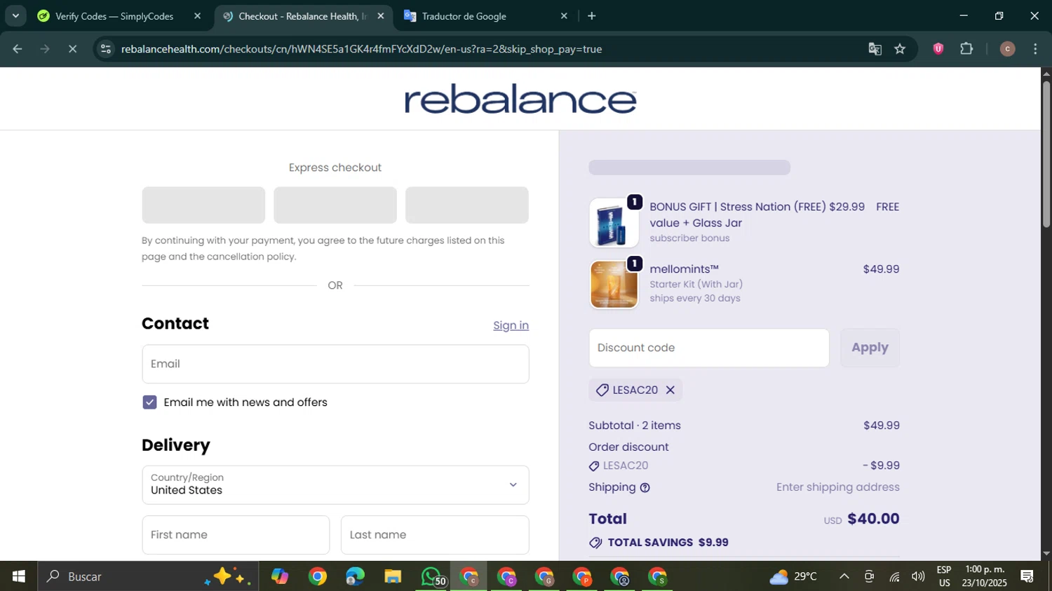 Rebalance Health promo code screenshot showing code LESAC20 applied at Rebalance Health checkout page. Uploaded by SimplyCodes community member NobleExpert6497 on Oct 23, 2025