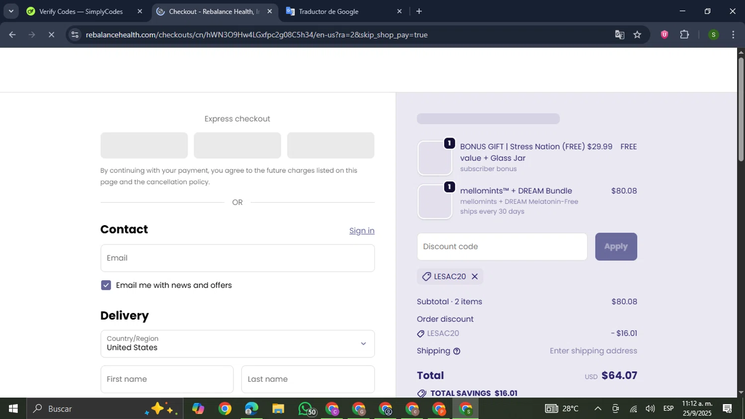 Rebalance Health promo code screenshot showing code LESAC20 applied at Rebalance Health checkout page. Uploaded by SimplyCodes community member RewardMaverick445 on Sep 25, 2025