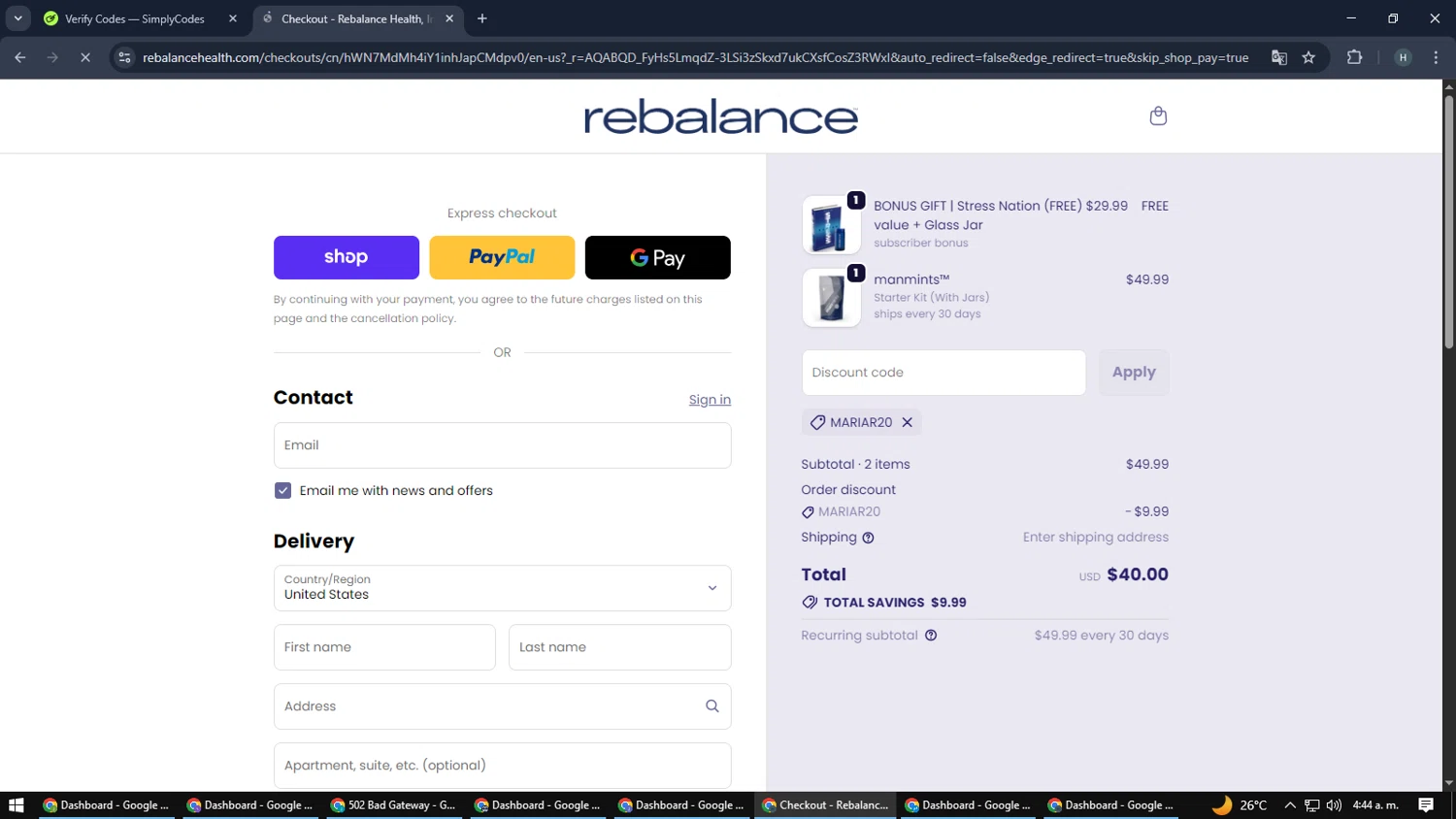 Rebalance Health checkout page showing Rebalance Health promo code box | Screenshot taken by SimplyCodes community member on Jan 8, 2026