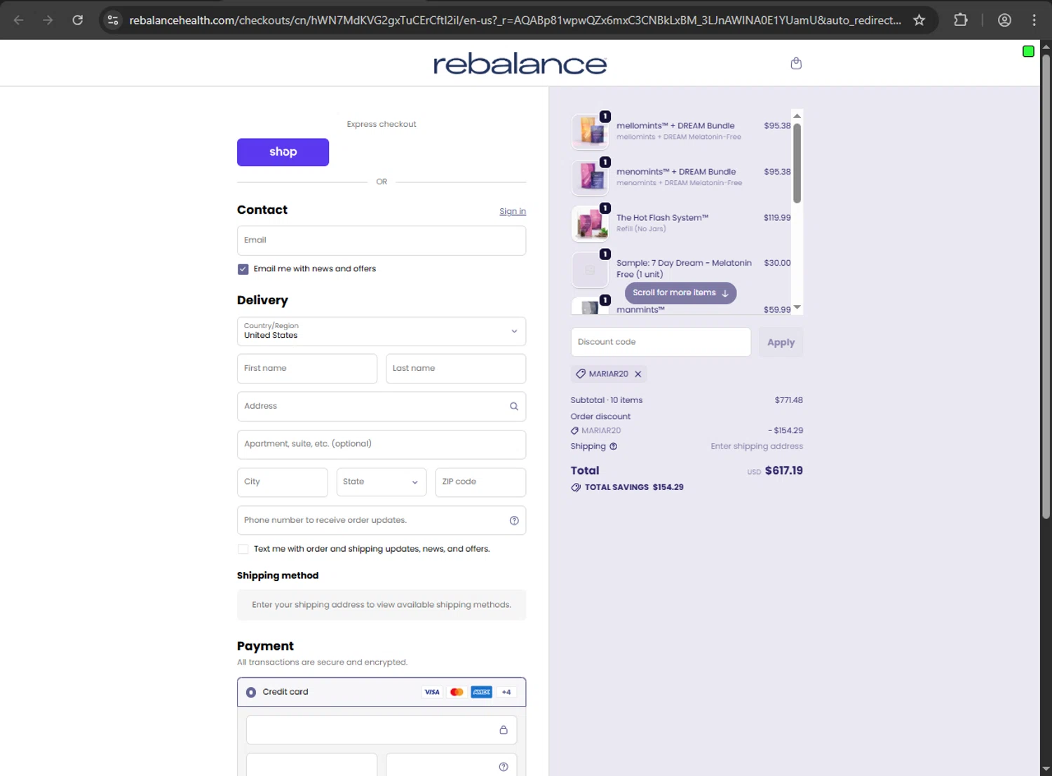 Rebalance Health checkout page showing Rebalance Health promo code box | Screenshot taken by SimplyCodes community member on Jan 8, 2026