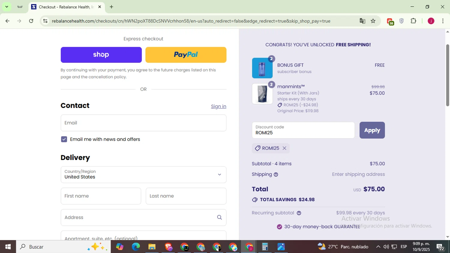 Rebalance Health promo code screenshot showing code ROMI25 applied at Rebalance Health checkout page. Uploaded by SimplyCodes community member MoneyScholar5687 on Sep 11, 2025