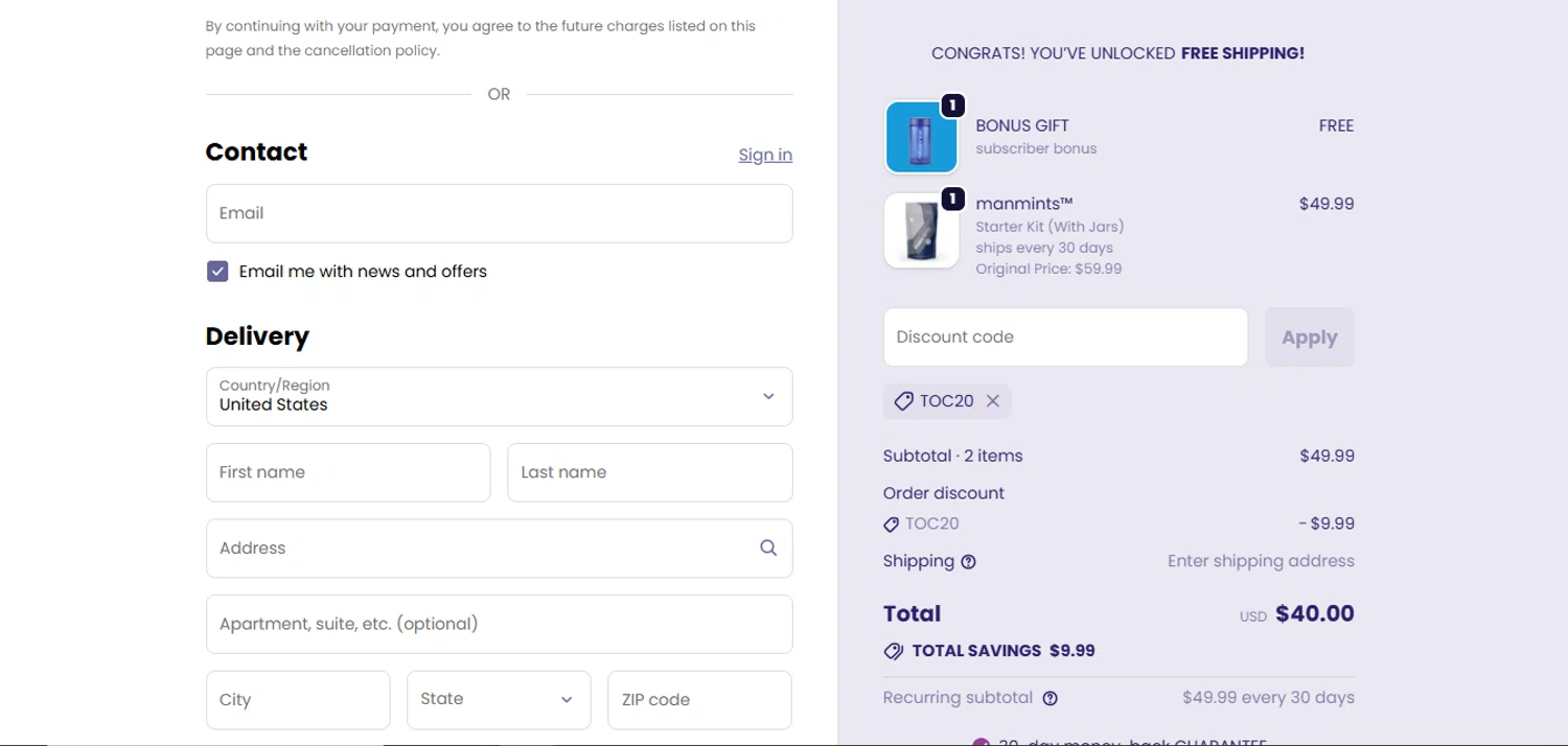 Rebalance Health promo code screenshot showing code TOC20 applied at Rebalance Health checkout page. Uploaded by SimplyCodes community member juanisaac on Sep 19, 2025