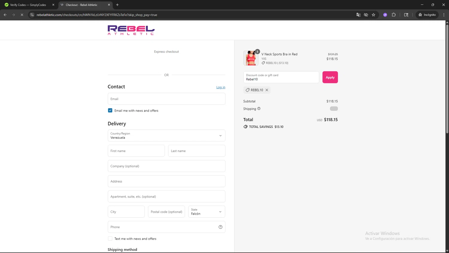 Rebel Athletic coupon code screenshot showing code Rebel10 applied at Rebel Athletic checkout page. Uploaded by SimplyCodes community member AVAMUSTANG on Aug 13, 2025