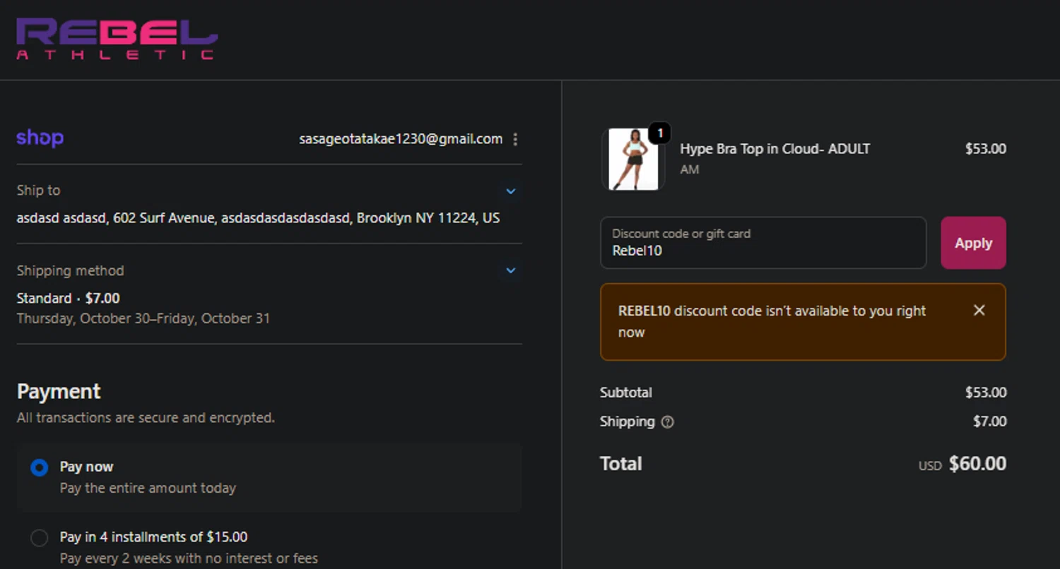 Rebel Athletic coupon code screenshot showing code Rebel10 applied at Rebel Athletic checkout page. Uploaded by SimplyCodes community member FIREINTHEHOLE on Oct 24, 2025