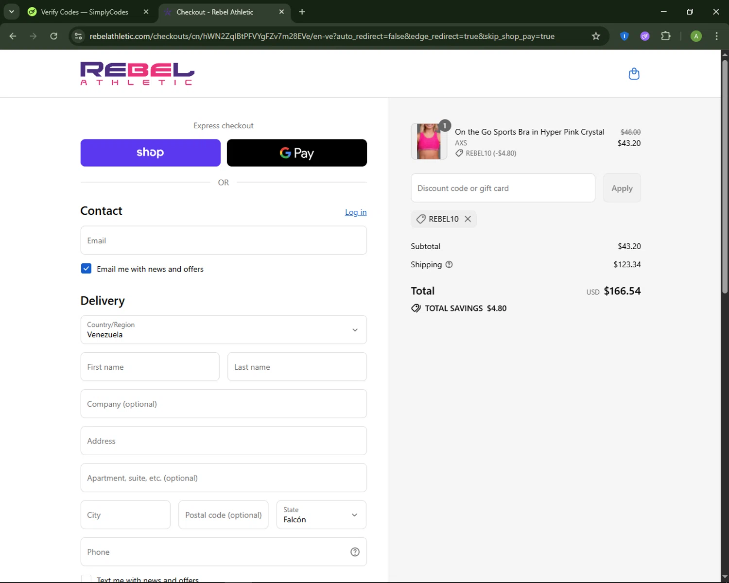 Rebel Athletic coupon code screenshot showing code Rebel10 applied at Rebel Athletic checkout page. Uploaded by SimplyCodes community member MagnificentSaver708 on Sep 4, 2025
