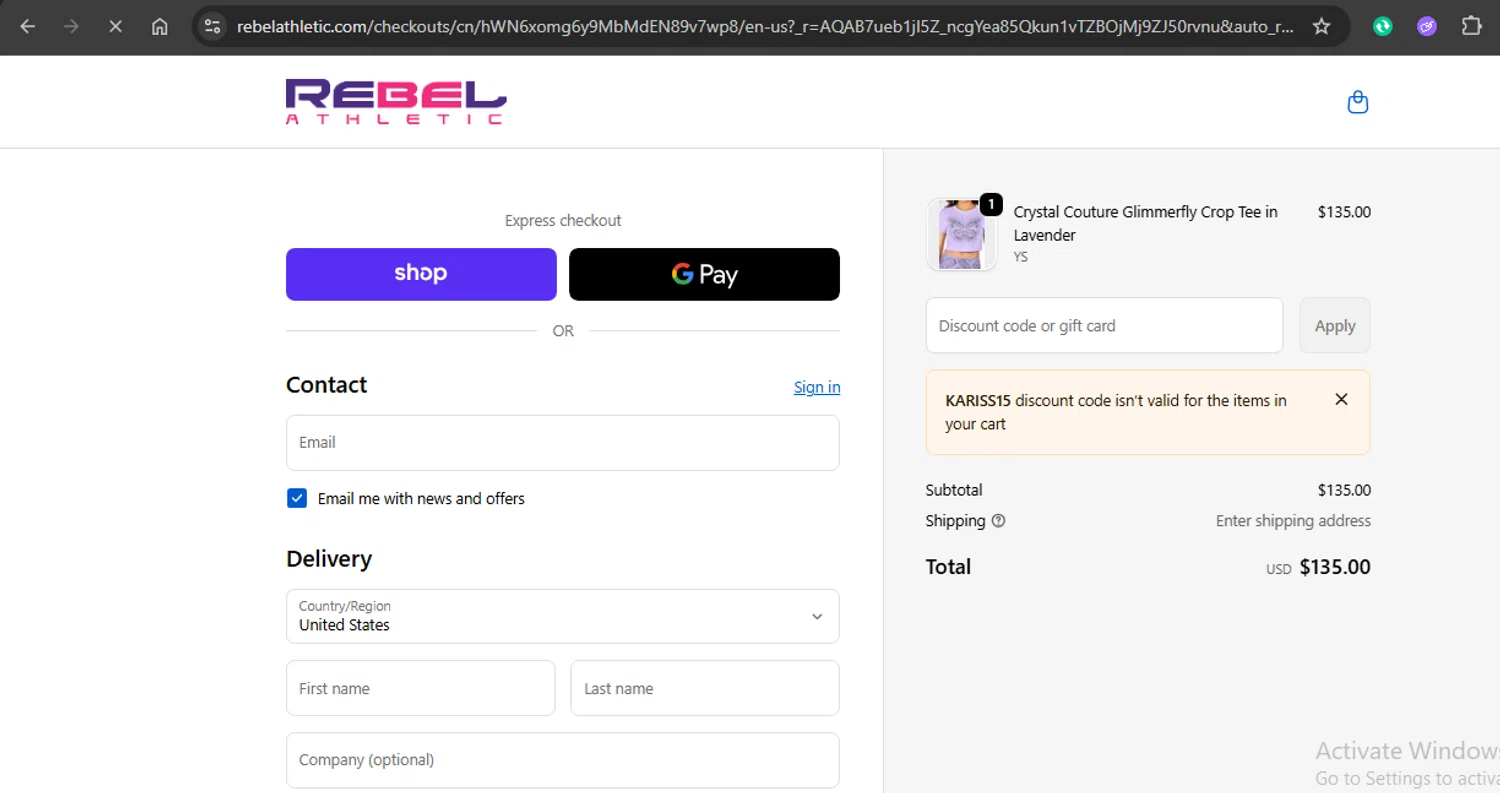 Rebel Athletic checkout page showing Rebel Athletic coupon code box | Screenshot taken by SimplyCodes community member on Dec 28, 2025