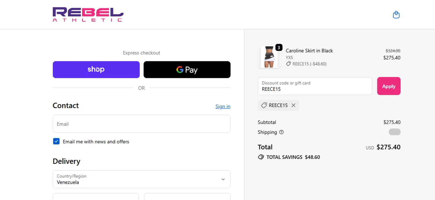 Rebel Athletic coupon code screenshot showing code REECE15 applied at Rebel Athletic checkout page. Uploaded by SimplyCodes community member Billyyou on Jan 2, 2026
